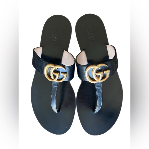 Gucci GG Marmont Thong Sandal Size 38.5 US 8.5 Black Leather Flat Flip Flop - Picture 1 of 12